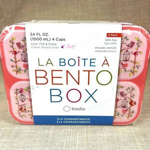 NEW 2 pk Bento Box Kinsho BPA free 34 fl oz w/utensils unicorns and bird prints